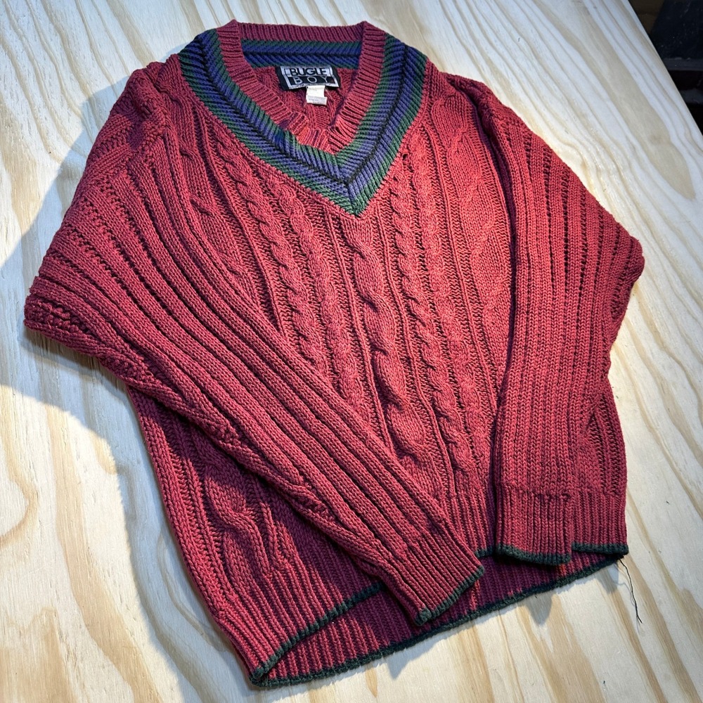 Vintage Bugle Boy Mens Large Burgundy Cable Knit Striped V-Neck Sweater 90s